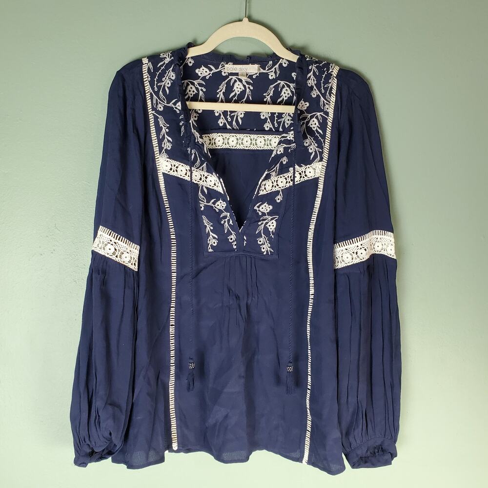 Pale Sky Womens Blue Embroidered Lace Boho Marant Peasant Blouse Top Size Large
